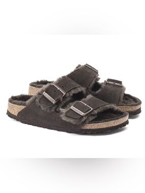 NEW Birkenstock Arizona Shearling Leather Mocha Sandals Slip On Slides 42 HK